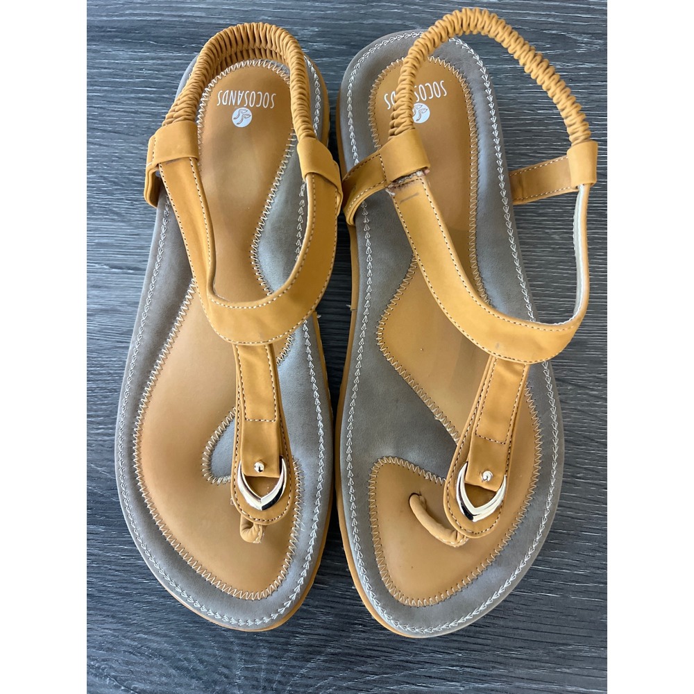 SOCOSANDS‎ Women's Thong Sandals Tan Elastic Strap Buckle Detail Comfort Flat